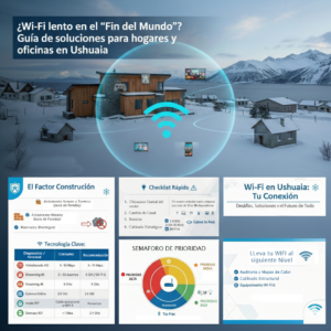 Infografía sobre soluciones de Wi-Fi en Ushuaia que detalla factores de construcción, una lista de verificación técnica, priorización de dispositivos y recomendaciones tecnológicas para mejorar la conectividad en climas fríos.